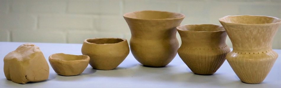 working stages of a funnel beaker from clay to finished pot